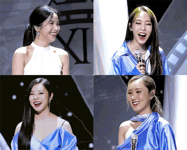 a collage of four pictures of a woman with a microphone