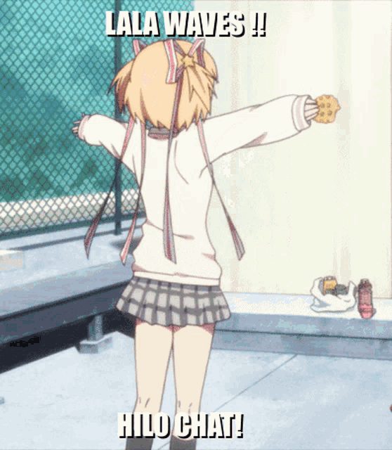 a girl in a plaid skirt is holding a cookie and says lala waves and hilo chat