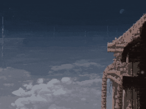 a pixel art of a building with clouds in the background