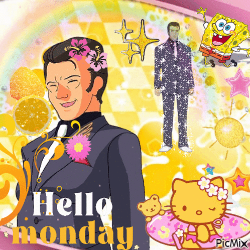 a hello monday greeting card with a man in a suit and tie