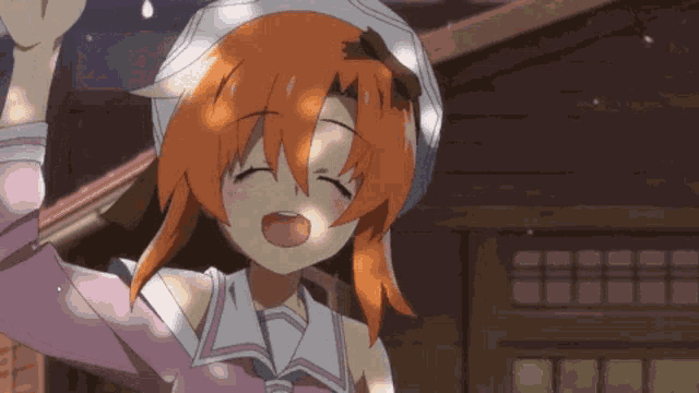 a girl with orange hair is wearing a pink top and white hat