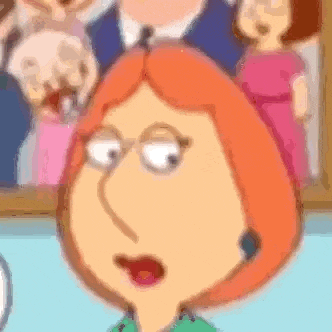 a close up of a cartoon character 's face with a family in the background .