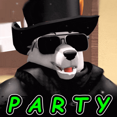 a panda bear wearing a top hat and sunglasses with the word party written below him