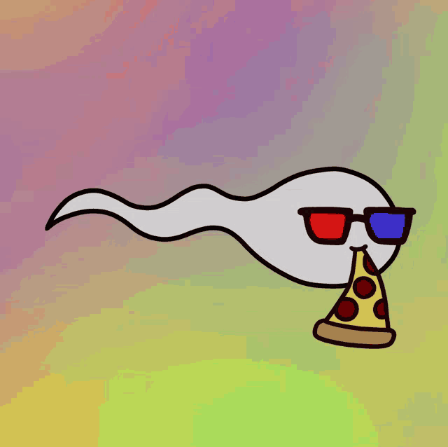 a cartoon of a sperm wearing 3d glasses on a rainbow background