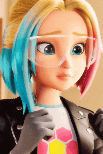 a close up of a cartoon girl wearing goggles and a leather jacket