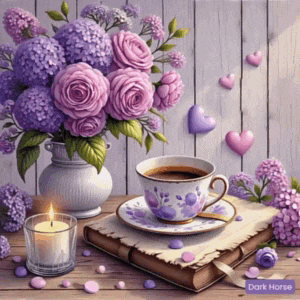 purple flowers in a vase next to a cup of coffee