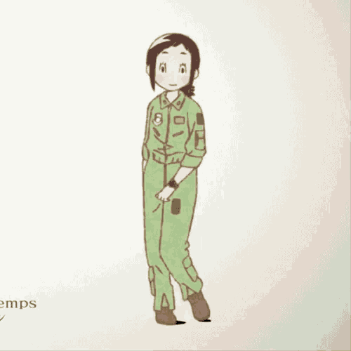 a drawing of a girl in a green jumpsuit with the word emps on the bottom right
