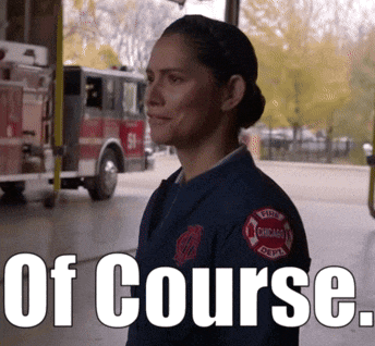 a woman in a chicago fire department uniform stands in front of a fire truck with the words of course written below her