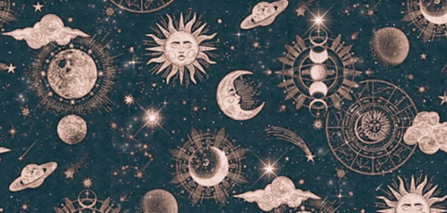 a drawing of the sun moon and planets in the night sky