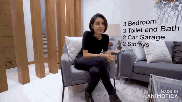 a woman sits in a chair in a living room with the words 3 bedroom 3 toilet and bath