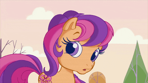 a cartoon pony with purple and pink hair and a flower on her chest