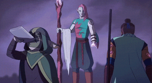 a group of cartoon characters standing next to each other one of whom is holding a stick