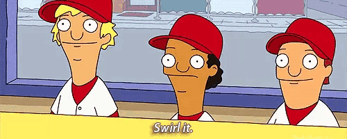 three cartoon characters are sitting at a table and one says swirl it