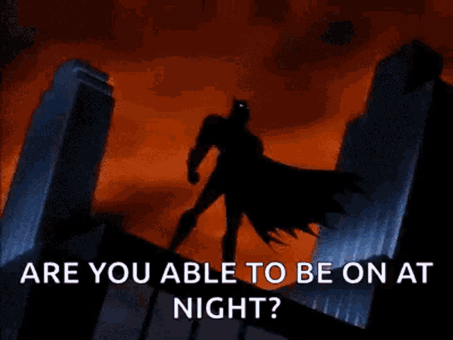 a cartoon of batman standing on top of a building under a lightning storm .