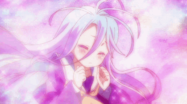 a girl with long white hair is surrounded by pink sparkles