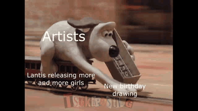 a cartoon of a dog pushing a train that says artists