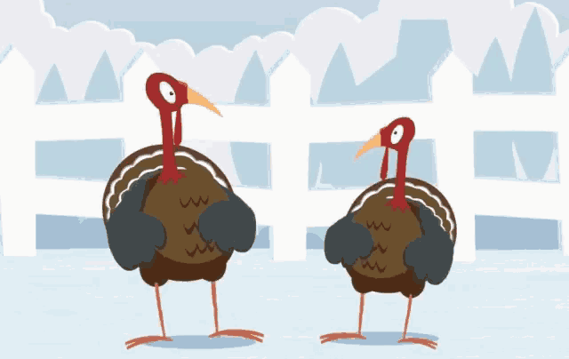 two turkeys are standing next to each other and one has blood dripping from its beak