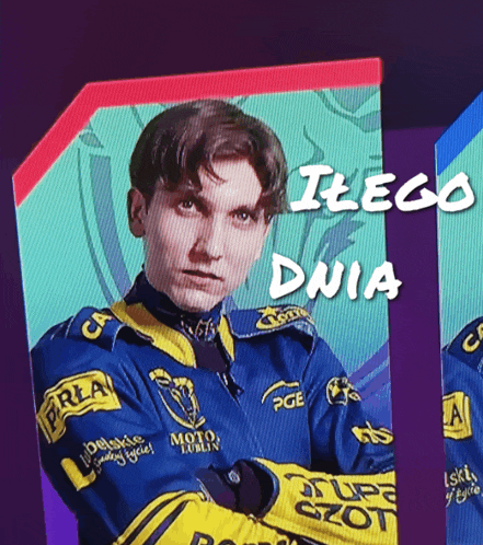 a man in a blue and yellow jacket with the words " itego dnia " on the bottom