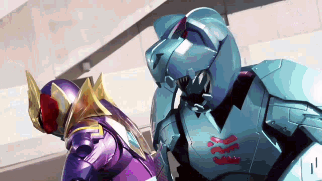 a purple robot and a blue robot are fighting each other
