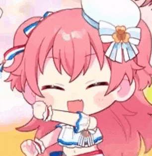 a close up of a pink haired anime girl wearing a hat and a bow on her head .