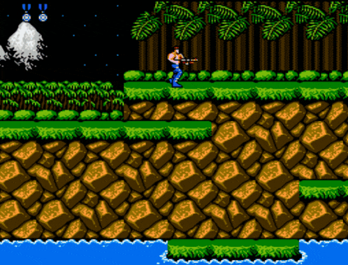 a video game scene with a man holding a gun and a mountain in the background