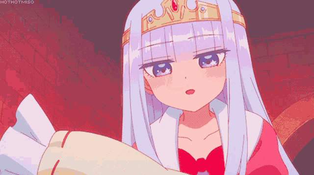 a girl with purple hair and a crown on her head is looking at the camera