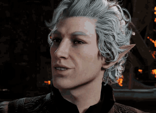 a close up of a man 's face with gray hair and elf ears