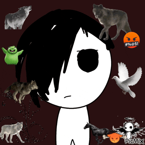 a drawing of a person surrounded by animals and a sticker that says # % @ s!