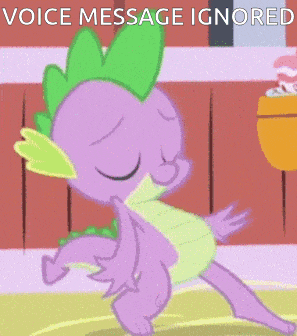 spike from my little pony is dancing with the words voice message ignored behind him