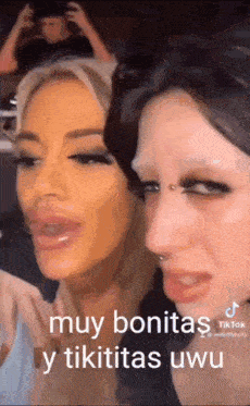 a couple of women are standing next to each other and one of them is wearing a wig .