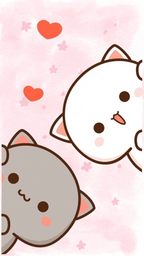 a gray and white cat are standing next to each other on a pink background with hearts and stars .