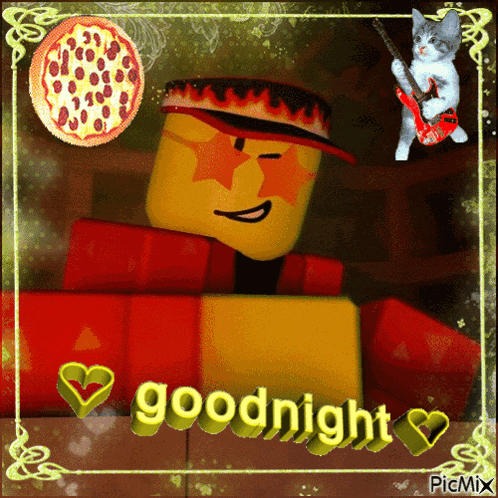 a picture of a man with a pizza and a cat says goodnight