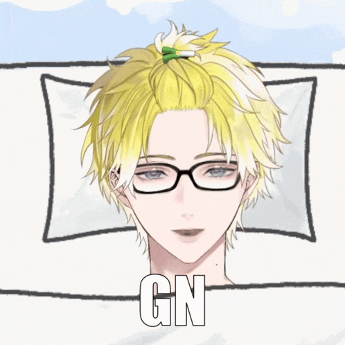 a boy with yellow hair and glasses is laying in bed