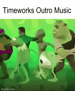 a group of cartoon characters are dancing together with the words timeworks outro music below them .