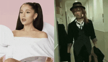 a woman in a white off the shoulder top is next to a man in a black suit and hat .
