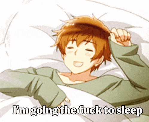 a cartoon of a boy laying in bed with the words i 'm going the fuck to sleep above him