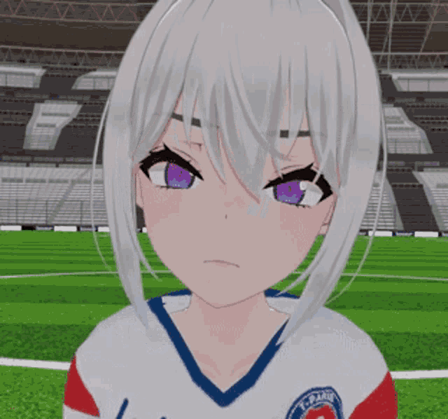 a girl with white hair and purple eyes is wearing a shirt that says y-paris