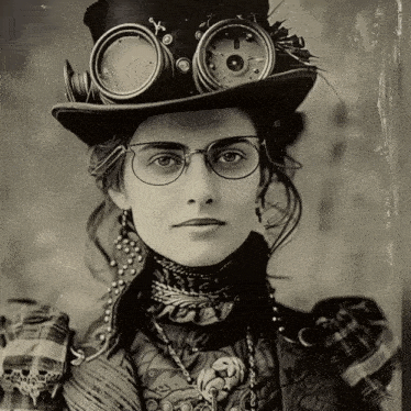 a black and white photo of a woman wearing glasses and a hat