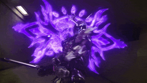 a person is surrounded by purple flames in a room