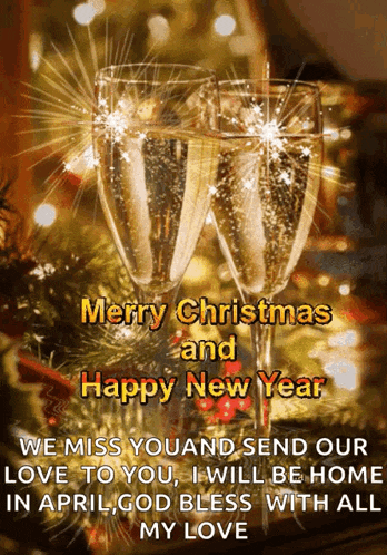 a merry christmas and happy new year greeting card with two glasses of champagne