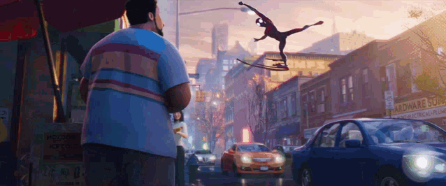 a man standing in front of a hardware store watching a man on a skateboard