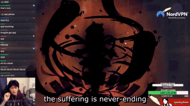 a screenshot of a video game with the words " the suffering is never ending " at the bottom