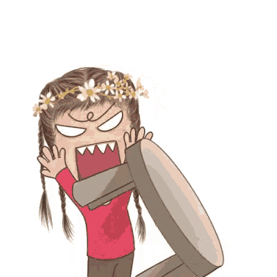 a cartoon girl with a flower crown on her head is holding a chair with her mouth open .