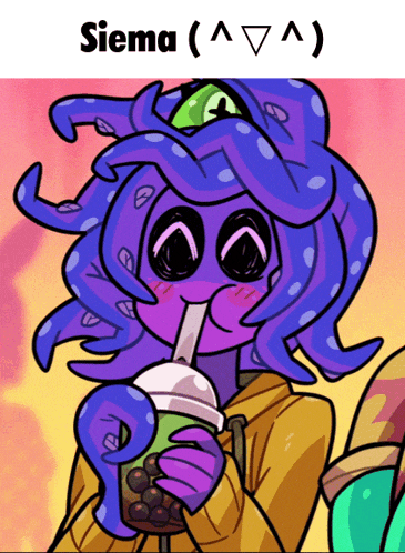 a cartoon drawing of a purple monster drinking from a cup with the name siema below it