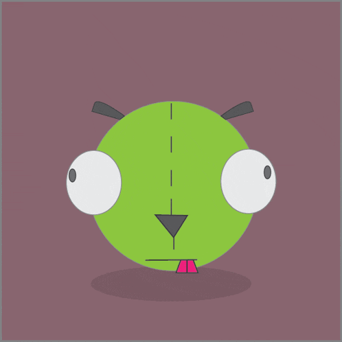 a green cartoon character with big eyes and a pink tongue sticking out