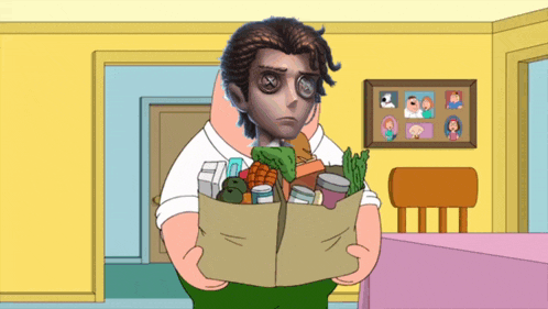 a cartoon of peter griffin holding a bag of groceries