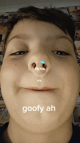 a close up of a boy 's face with the words goofy ah above his nose