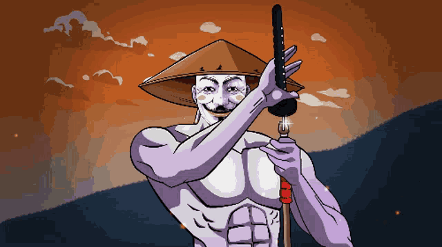 a pixel art drawing of a man holding a sword and wearing a conical hat