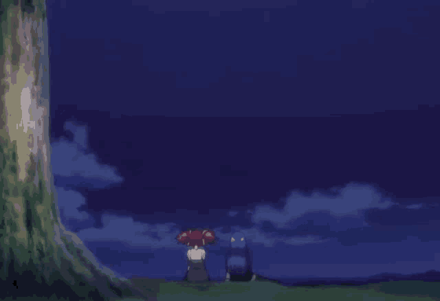 two anime girls are sitting under a tree at night