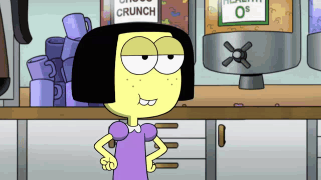a cartoon character is standing in front of a healthy crunch box